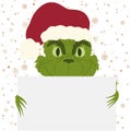 Winter illustration with Christmas character, grinch with a sign for an inscription and snowflakes